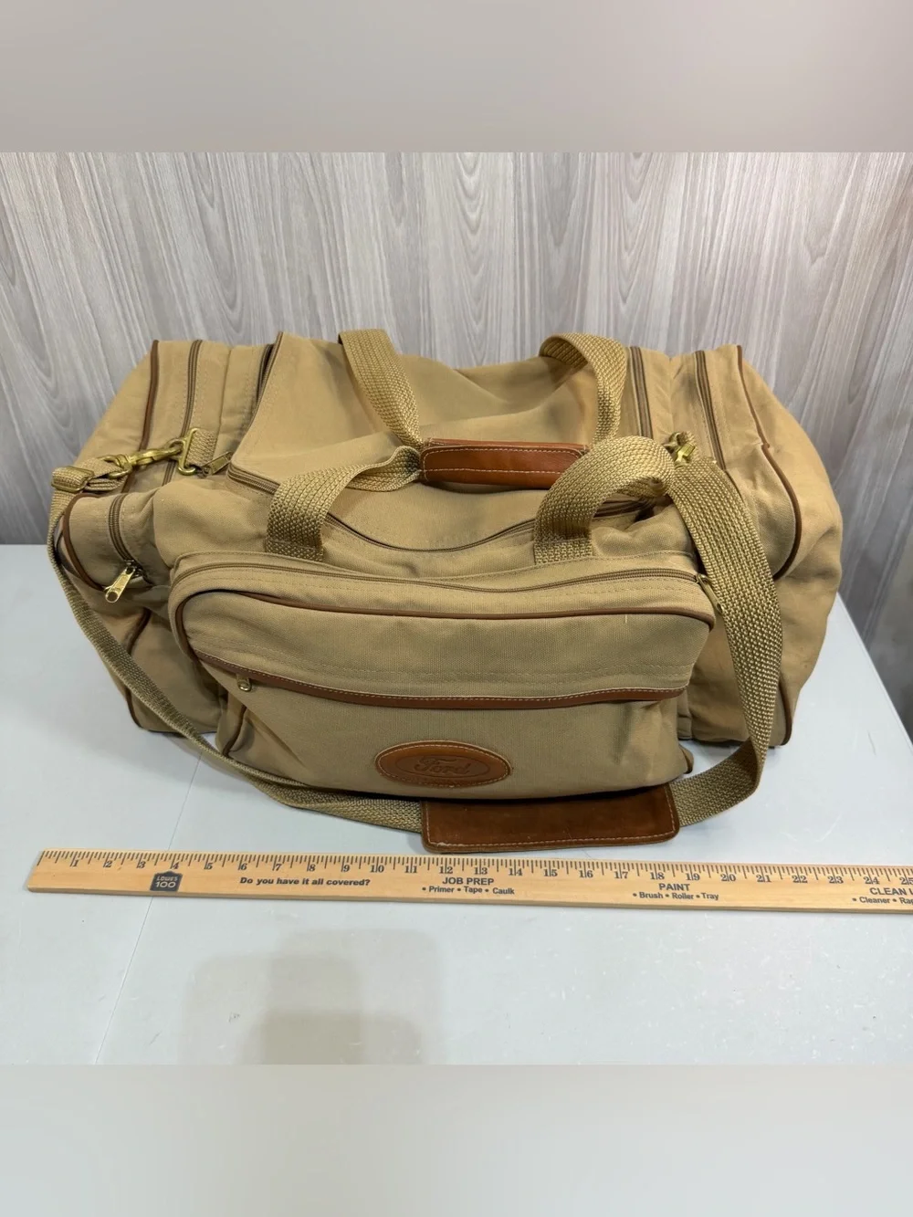 Vintage Ford Edition Eddie Bauer Duffle Bag Canvas Tan Weekender Military